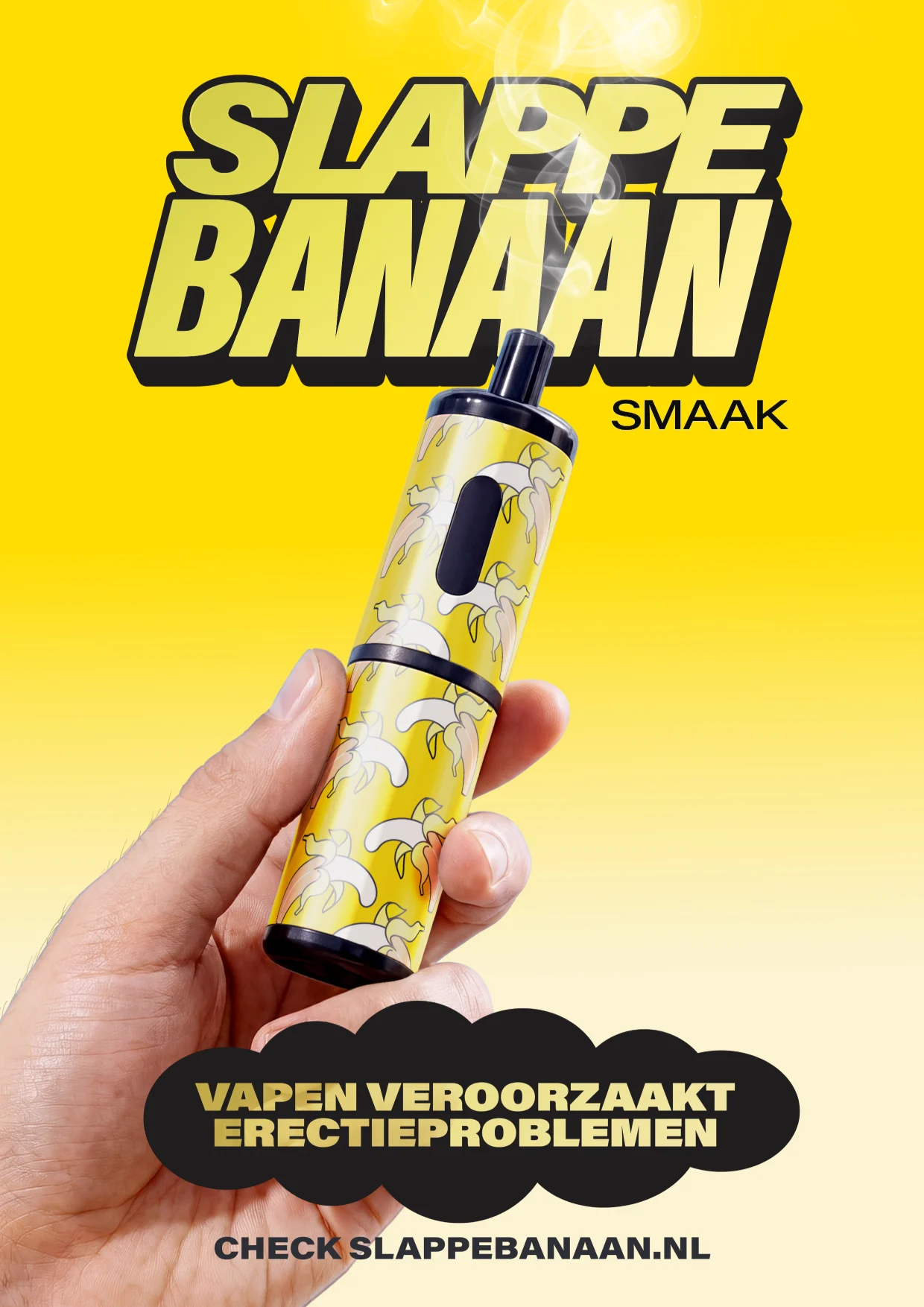 Poster for the Limp Banana flavour: a hand holding a vape and the text “Vaping causes erection problems”